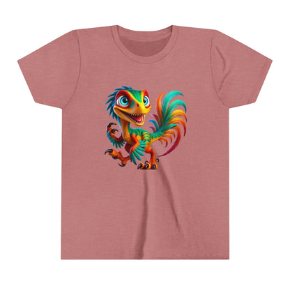 Youth Colorful & Lively Velociraptor with Vibrant Feathers – Perfect for Dino Lovers! - Unisex Jersey Short Sleeve Tee Super Comfy Dino T-Shirt Gift