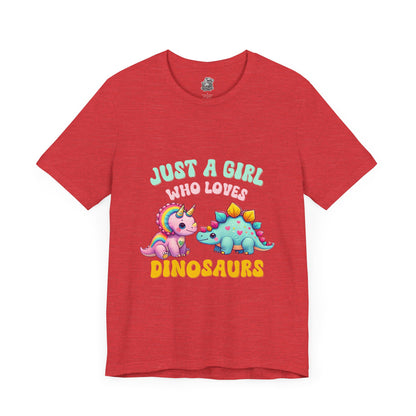 Just a Girl Who Loves Dinosaurs Unisex T-Shirt – Rainbow Triceratops & Colorful Stegosaurus Design