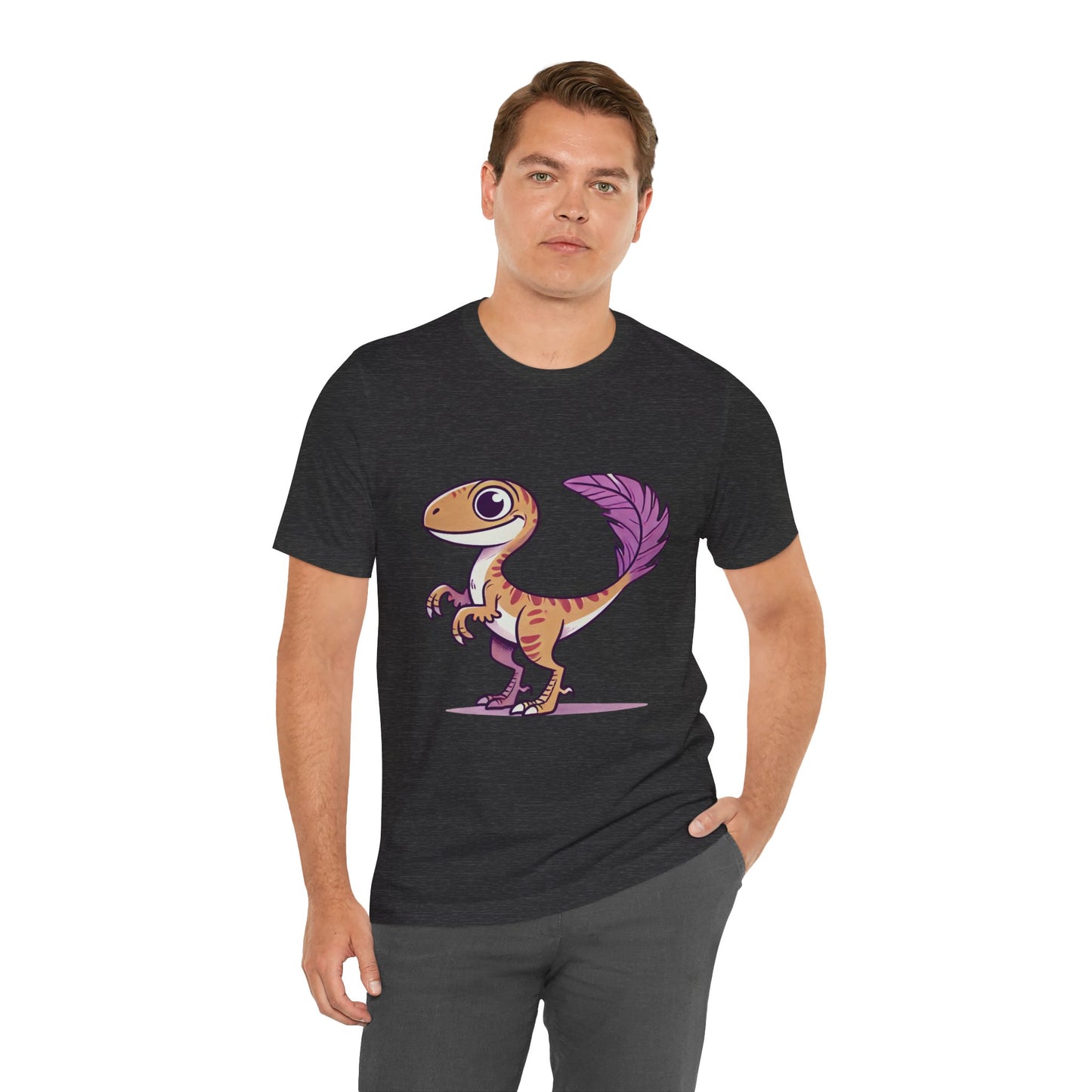 Friendly Feathered Velociraptor Tee – Cute Dino Style with a Splash of Color! 🦖💜🍃 – A Wild Splash of Style and Prehistoric Flair! 🦖💜🌿 - Unisex Jersey Short Sleeve Tee Super Comfy Dino T-Shirt Gift