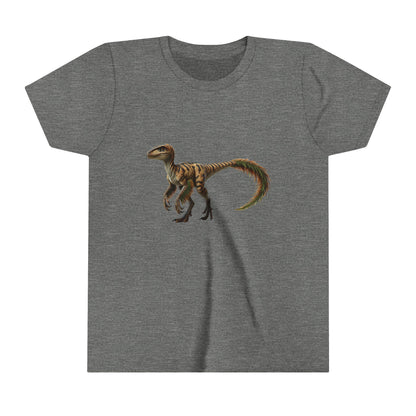 Youth Fiercely Feathered Velociraptor Tee – A Wild Splash of Style and Prehistoric Flair! 🦖💜🌿 - Unisex Jersey Short Sleeve Tee Super Comfy Dino T-Shirt Gift