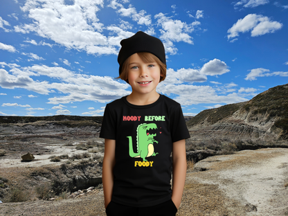 Moody Before Foody Youth Size T-Shirt Stem Tweens and Teens who Love Dinosaurs Tshirts