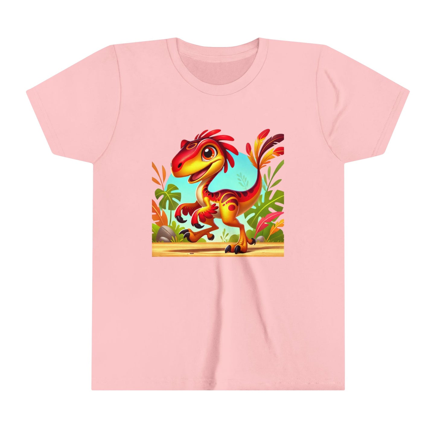 Youth Vibrant Jungle Velociraptor Tee – Fun, Fierce, and Full of Color! 🦖🌺🌿 - Unisex Jersey Short Sleeve Tee Super Comfy Dino T-Shirt Gift