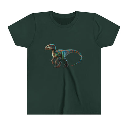 Youth Vibrant Velociraptor Adventure Tee – Unleash Your Inner Dino Explorer with Fierce Style! 🦖🌈 - Unisex Jersey Short Sleeve Tee Super Comfy Dino T-Shirt Gift