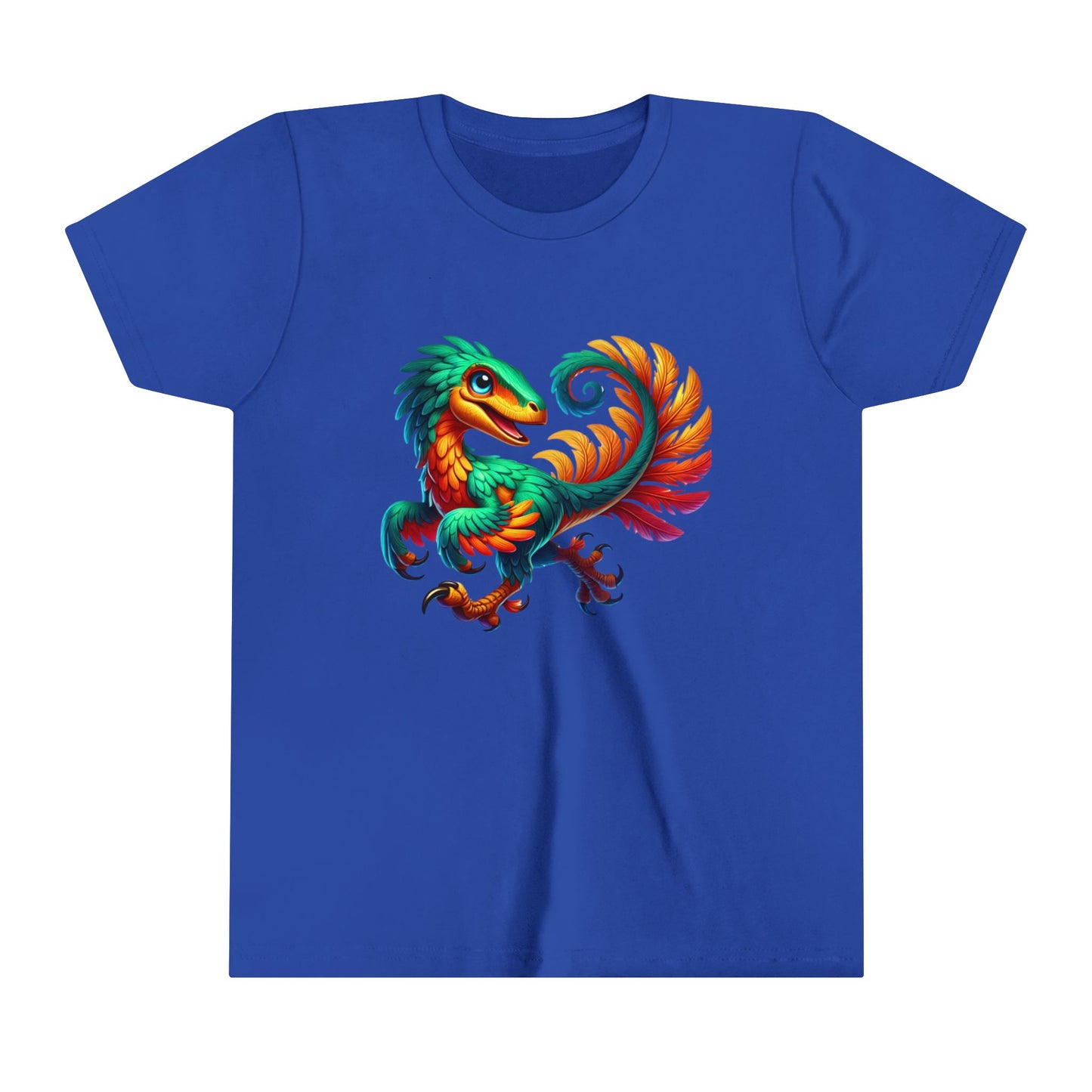 Youth Exotic Rainbow-Feathered Velociraptor  – Stunningly Realistic & Playful - Unisex Jersey Short Sleeve Tee Super Comfy Dino T-Shirt Gift