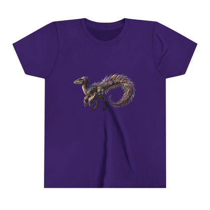 Youth Fierce & Fabulous Velociraptor Tee – Bold Stripes & a Pop of Purple! 🦖💜🌌 - Unisex Jersey Short Sleeve Tee Super Comfy Dino T-Shirt Gift