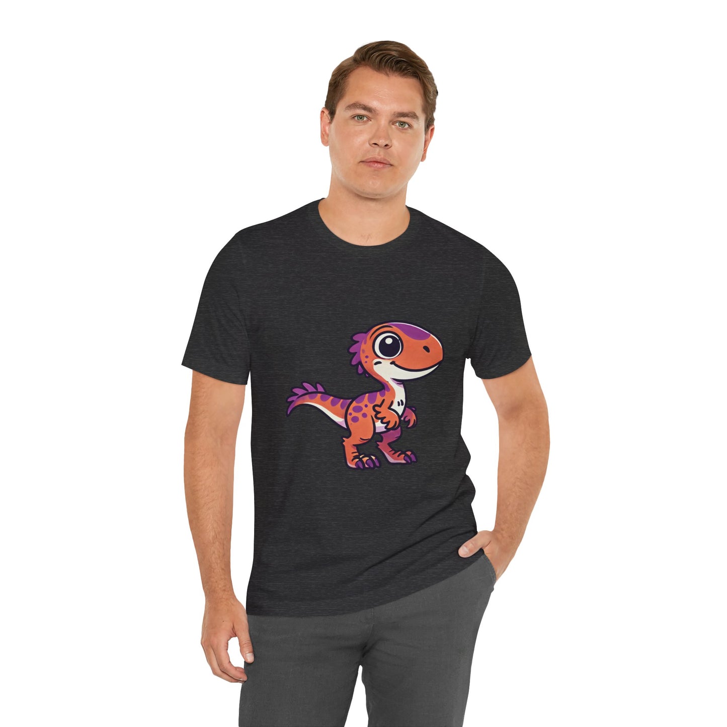 Adorable Cartoon Velociraptor Tee – Cute Dino Fun for All Ages! 🦖💜🧡 - Unisex Jersey Short Sleeve Tee Super Comfy Dino T-Shirt Gift