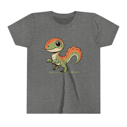 Youth Charming Green & Orange Velociraptor Tee – Dino Delight for All Ages! 🦖🍃🧡 - Unisex Jersey Short Sleeve Tee Super Comfy Dino T-Shirt Gift