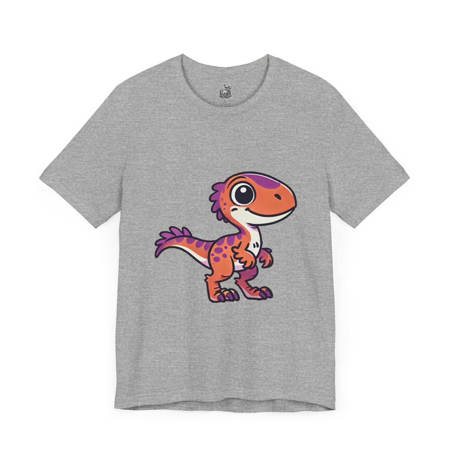 Adorable Cartoon Velociraptor Tee – Cute Dino Fun for All Ages! 🦖💜🧡 - Unisex Jersey Short Sleeve Tee Super Comfy Dino T-Shirt Gift