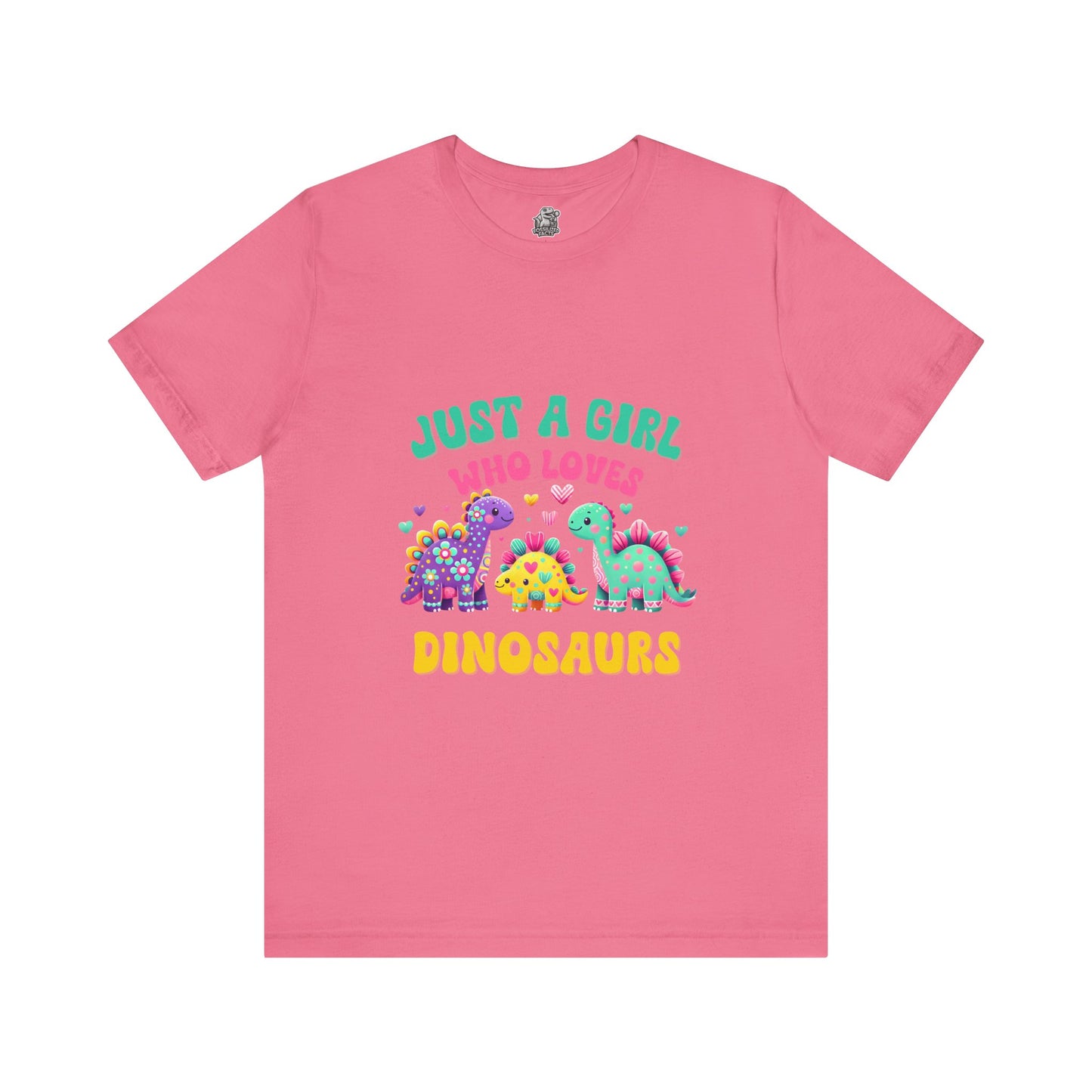 Just a Girl Who Loves Dinosaurs Unisex T-Shirt – Vibrant Dino Trio with Hearts & Flowers Design