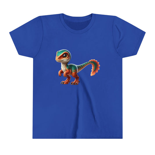 Youth Adorable Scaled Velociraptor Tee – Vibrant Dino Charm in Teal & Orange! 🦖🍃🔥 - Unisex Jersey Short Sleeve Tee Super Comfy Dino T-Shirt Gift