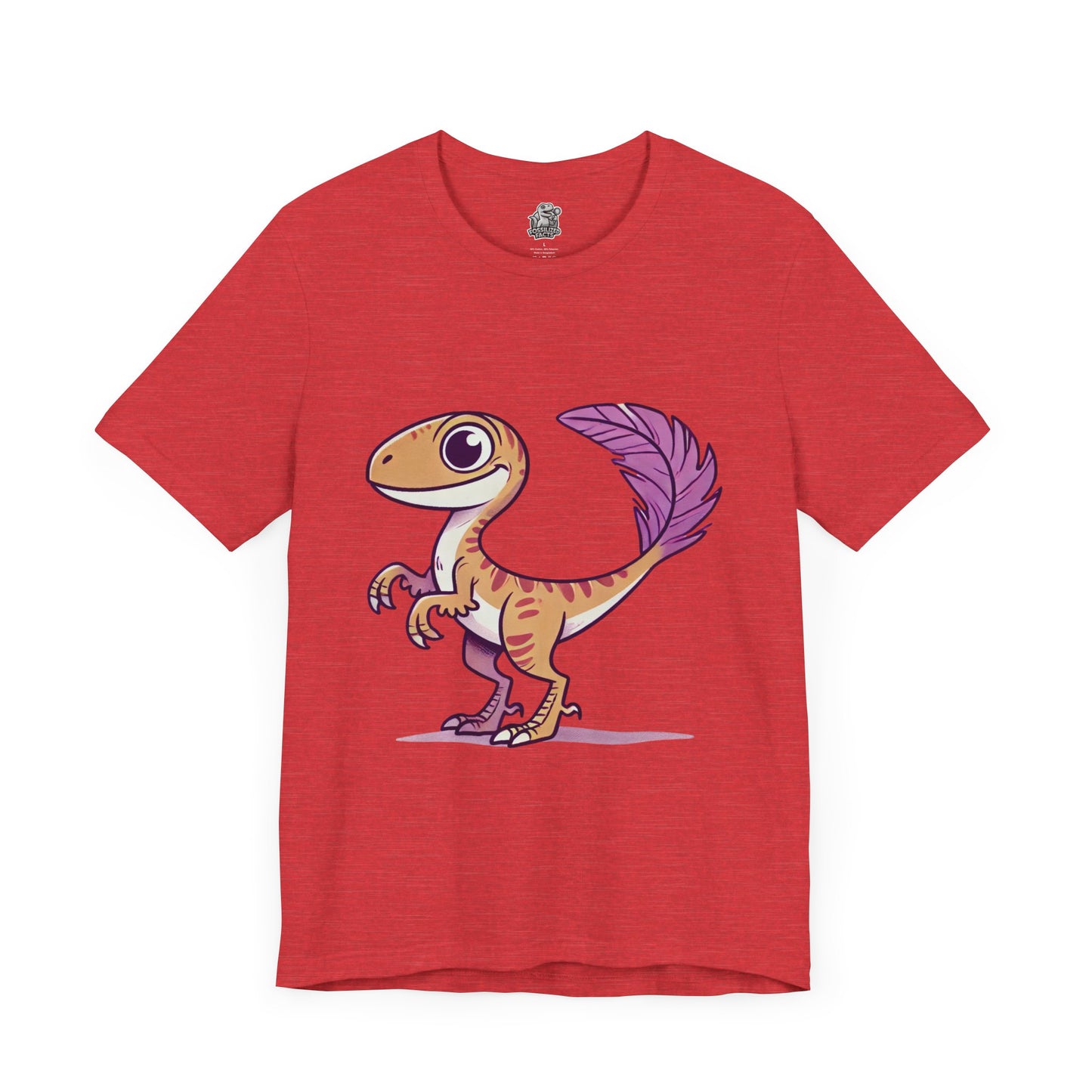 Friendly Feathered Velociraptor Tee – Cute Dino Style with a Splash of Color! 🦖💜🍃 – A Wild Splash of Style and Prehistoric Flair! 🦖💜🌿 - Unisex Jersey Short Sleeve Tee Super Comfy Dino T-Shirt Gift