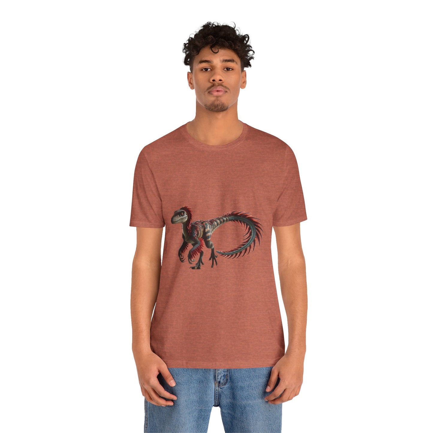 Fierce & Fiery Feathered Velociraptor Tee – Unleash Bold Dino Energy! 🦖🔥🌺 - Unisex Jersey Short Sleeve Tee Super Comfy Dino T-Shirt Gift