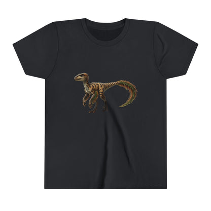 Youth Fiercely Feathered Velociraptor Tee – A Wild Splash of Style and Prehistoric Flair! 🦖💜🌿 - Unisex Jersey Short Sleeve Tee Super Comfy Dino T-Shirt Gift