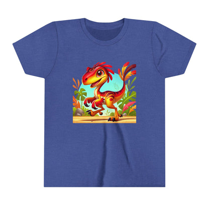 Youth Vibrant Jungle Velociraptor Tee – Fun, Fierce, and Full of Color! 🦖🌺🌿 - Unisex Jersey Short Sleeve Tee Super Comfy Dino T-Shirt Gift