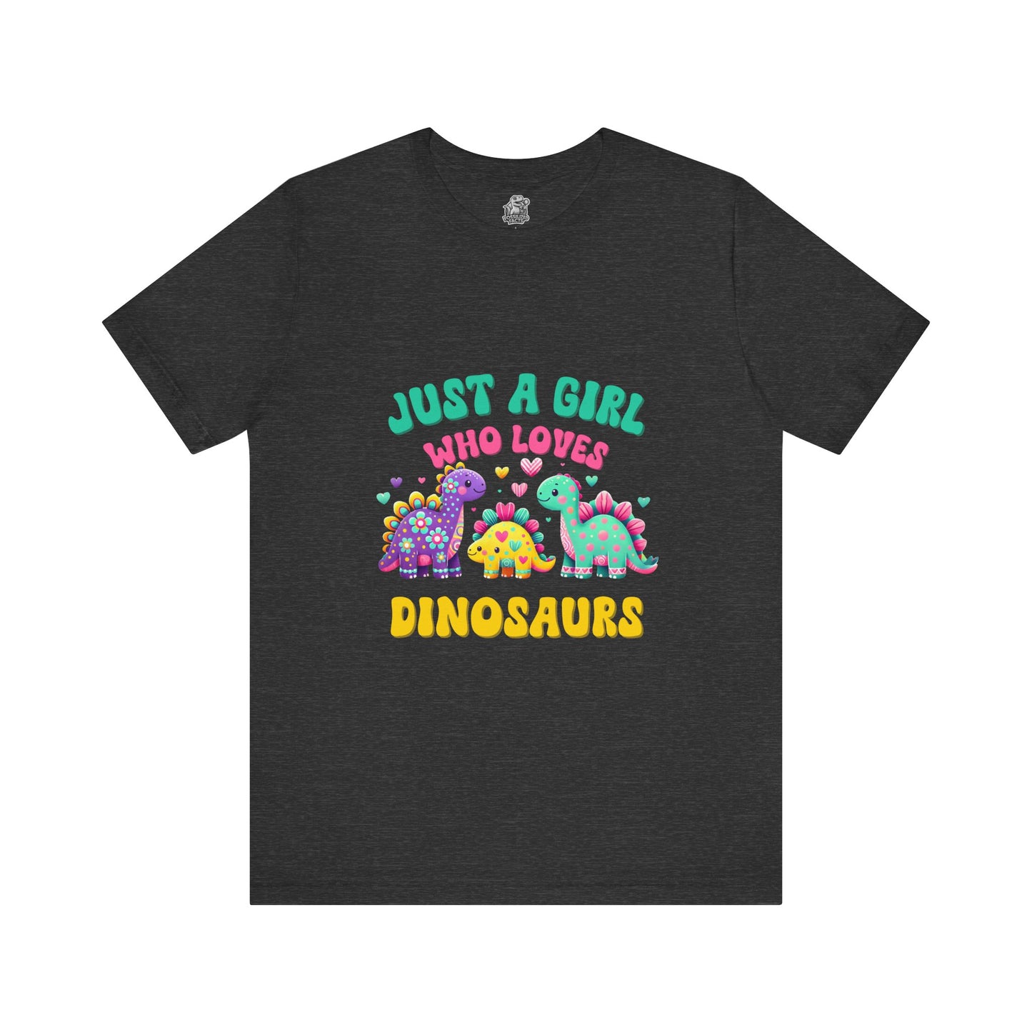 Just a Girl Who Loves Dinosaurs Unisex T-Shirt – Vibrant Dino Trio with Hearts & Flowers Design