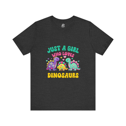 Just a Girl Who Loves Dinosaurs Unisex T-Shirt – Vibrant Dino Trio with Hearts & Flowers Design