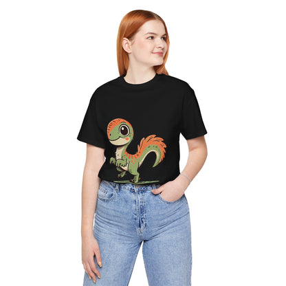 Charming Green & Orange Velociraptor Tee – Dino Delight for All Ages! 🦖🍃🧡 - Unisex Jersey Short Sleeve Tee Super Comfy Dino T-Shirt Gift