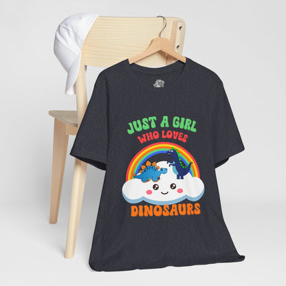 Just a Girl Who Loves Dinosaurs Unisex T-Shirt – Adorable Rainbow, Kawaii Cloud, and Fun Cartoon Dino Design