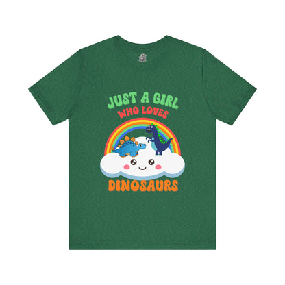 Just a Girl Who Loves Dinosaurs Unisex T-Shirt – Adorable Rainbow, Kawaii Cloud, and Fun Cartoon Dino Design