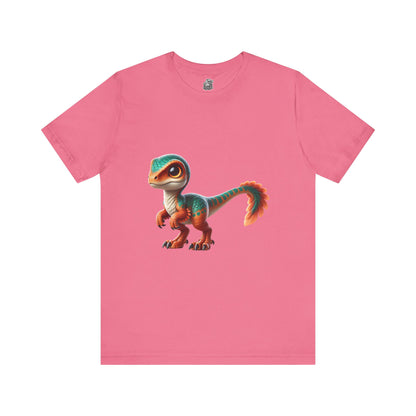 Adorable Scaled Velociraptor Tee – Vibrant Dino Charm in Teal & Orange! 🦖🍃🔥 - Unisex Jersey Short Sleeve Tee Super Comfy Dino T-Shirt Gift