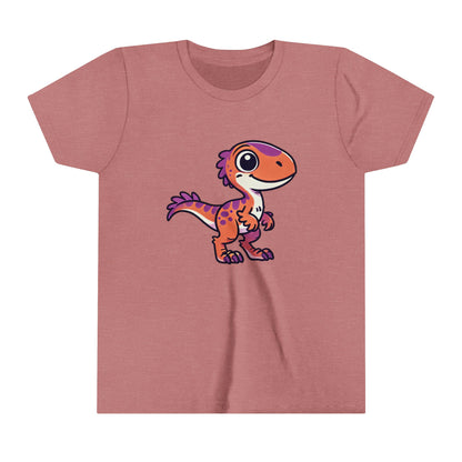 Youth Adorable Cartoon Velociraptor Tee – Cute Dino Fun for All Ages! 🦖💜🧡 - Unisex Jersey Short Sleeve Tee Super Comfy Dino T-Shirt Gift