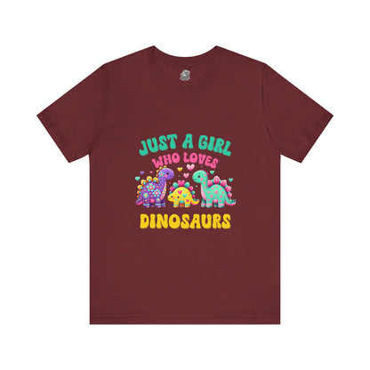 Just a Girl Who Loves Dinosaurs Unisex T-Shirt – Vibrant Dino Trio with Hearts & Flowers Design