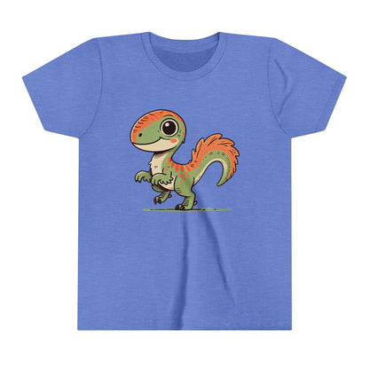 Youth Charming Green & Orange Velociraptor Tee – Dino Delight for All Ages! 🦖🍃🧡 - Unisex Jersey Short Sleeve Tee Super Comfy Dino T-Shirt Gift