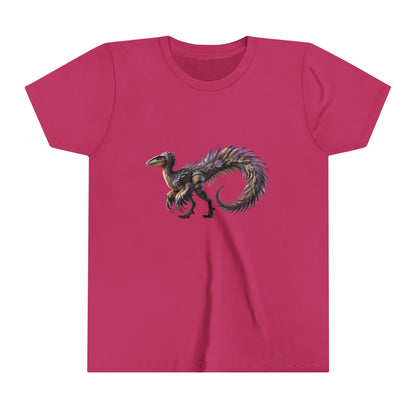 Youth Fierce & Fabulous Velociraptor Tee – Bold Stripes & a Pop of Purple! 🦖💜🌌 - Unisex Jersey Short Sleeve Tee Super Comfy Dino T-Shirt Gift