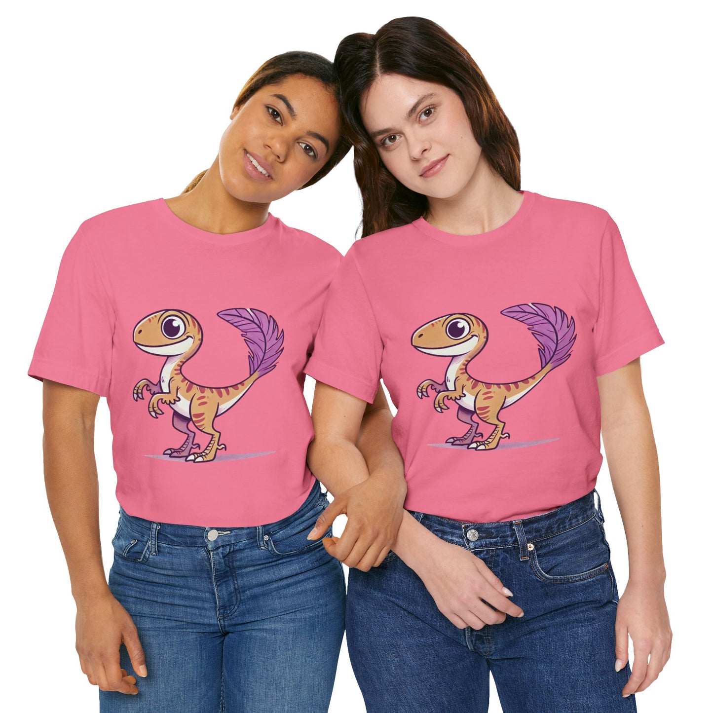 Friendly Feathered Velociraptor Tee – Cute Dino Style with a Splash of Color! 🦖💜🍃 – A Wild Splash of Style and Prehistoric Flair! 🦖💜🌿 - Unisex Jersey Short Sleeve Tee Super Comfy Dino T-Shirt Gift