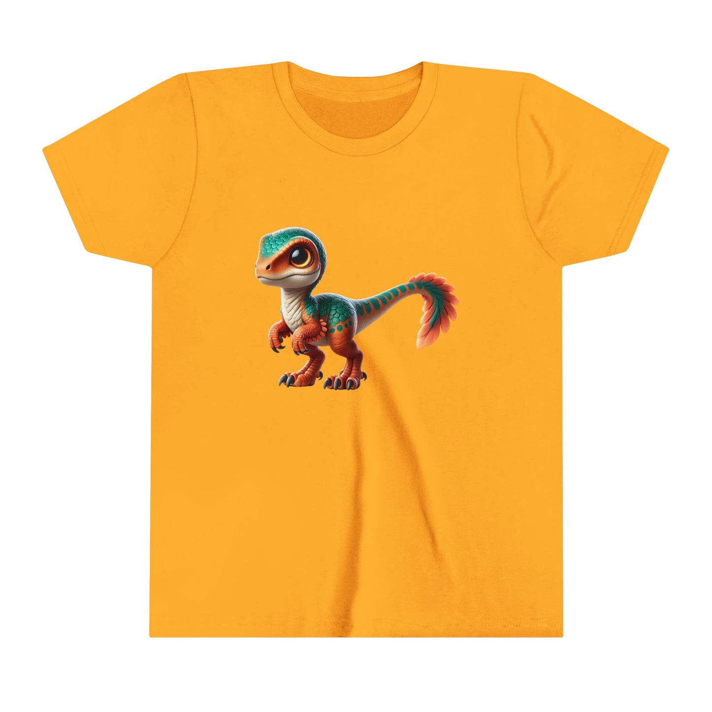 Youth Adorable Scaled Velociraptor Tee – Vibrant Dino Charm in Teal & Orange! 🦖🍃🔥 - Unisex Jersey Short Sleeve Tee Super Comfy Dino T-Shirt Gift