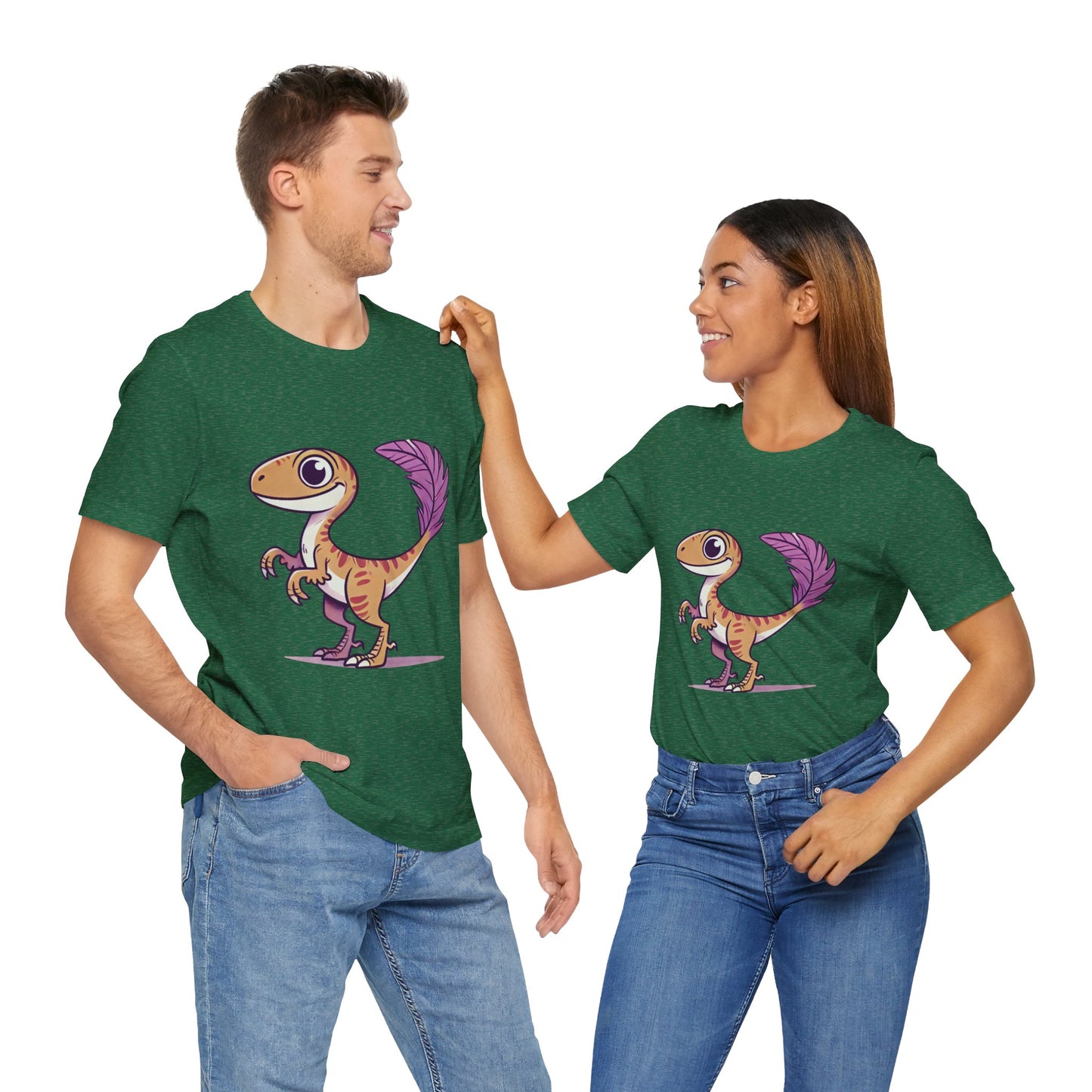 Friendly Feathered Velociraptor Tee – Cute Dino Style with a Splash of Color! 🦖💜🍃 – A Wild Splash of Style and Prehistoric Flair! 🦖💜🌿 - Unisex Jersey Short Sleeve Tee Super Comfy Dino T-Shirt Gift