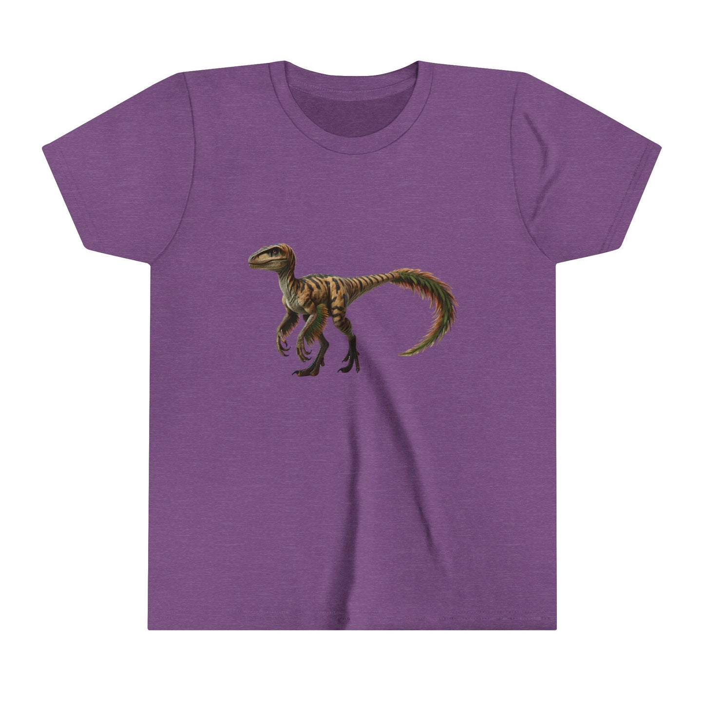 Youth Fiercely Feathered Velociraptor Tee – A Wild Splash of Style and Prehistoric Flair! 🦖💜🌿 - Unisex Jersey Short Sleeve Tee Super Comfy Dino T-Shirt Gift