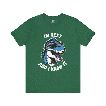 Rockstar Rex – I’m Rexy and I Know It Unisex T-Shirt with Cool T-Rex in Sunglasses & Hair