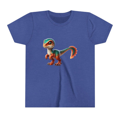 Youth Adorable Scaled Velociraptor Tee – Vibrant Dino Charm in Teal & Orange! 🦖🍃🔥 - Unisex Jersey Short Sleeve Tee Super Comfy Dino T-Shirt Gift