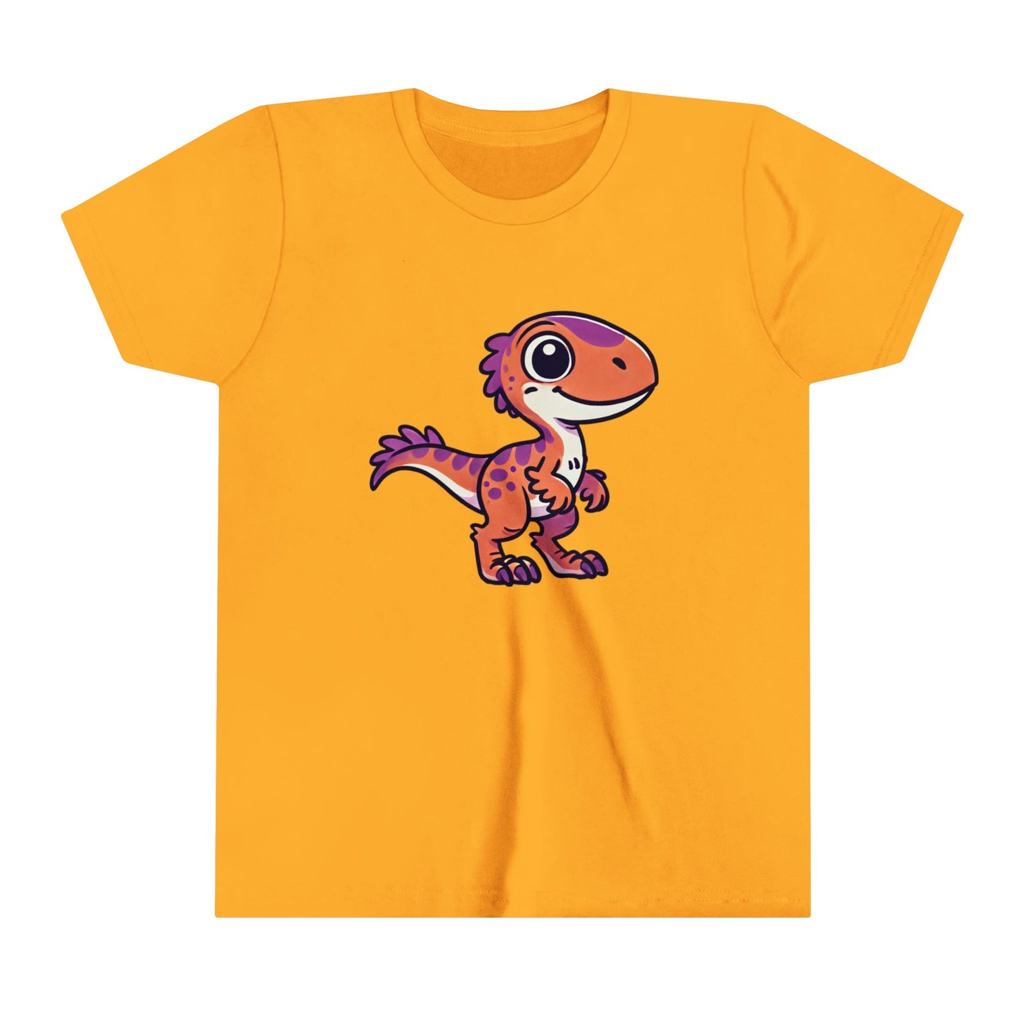 Youth Adorable Cartoon Velociraptor Tee – Cute Dino Fun for All Ages! 🦖💜🧡 - Unisex Jersey Short Sleeve Tee Super Comfy Dino T-Shirt Gift