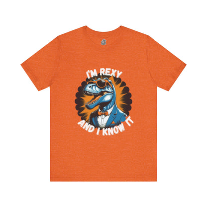 Rockin’ Rex – I’m Rexy and I Know It Unisex T-Shirt with Cool T-Rex in a Suit & Shades