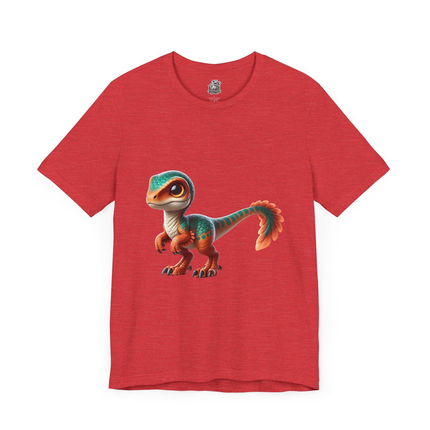 Adorable Scaled Velociraptor Tee – Vibrant Dino Charm in Teal & Orange! 🦖🍃🔥 - Unisex Jersey Short Sleeve Tee Super Comfy Dino T-Shirt Gift