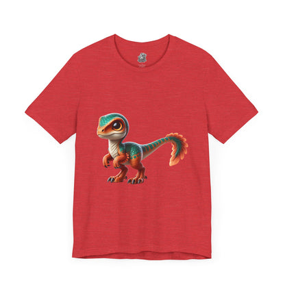 Adorable Scaled Velociraptor Tee – Vibrant Dino Charm in Teal & Orange! 🦖🍃🔥 - Unisex Jersey Short Sleeve Tee Super Comfy Dino T-Shirt Gift