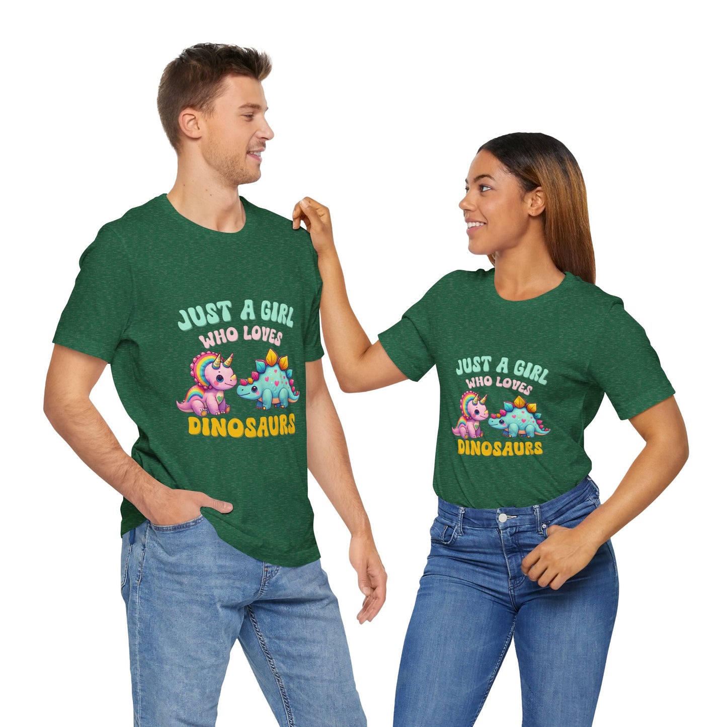 Just a Girl Who Loves Dinosaurs Unisex T-Shirt – Rainbow Triceratops & Colorful Stegosaurus Design