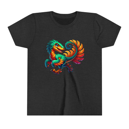 Youth Exotic Rainbow-Feathered Velociraptor  – Stunningly Realistic & Playful - Unisex Jersey Short Sleeve Tee Super Comfy Dino T-Shirt Gift