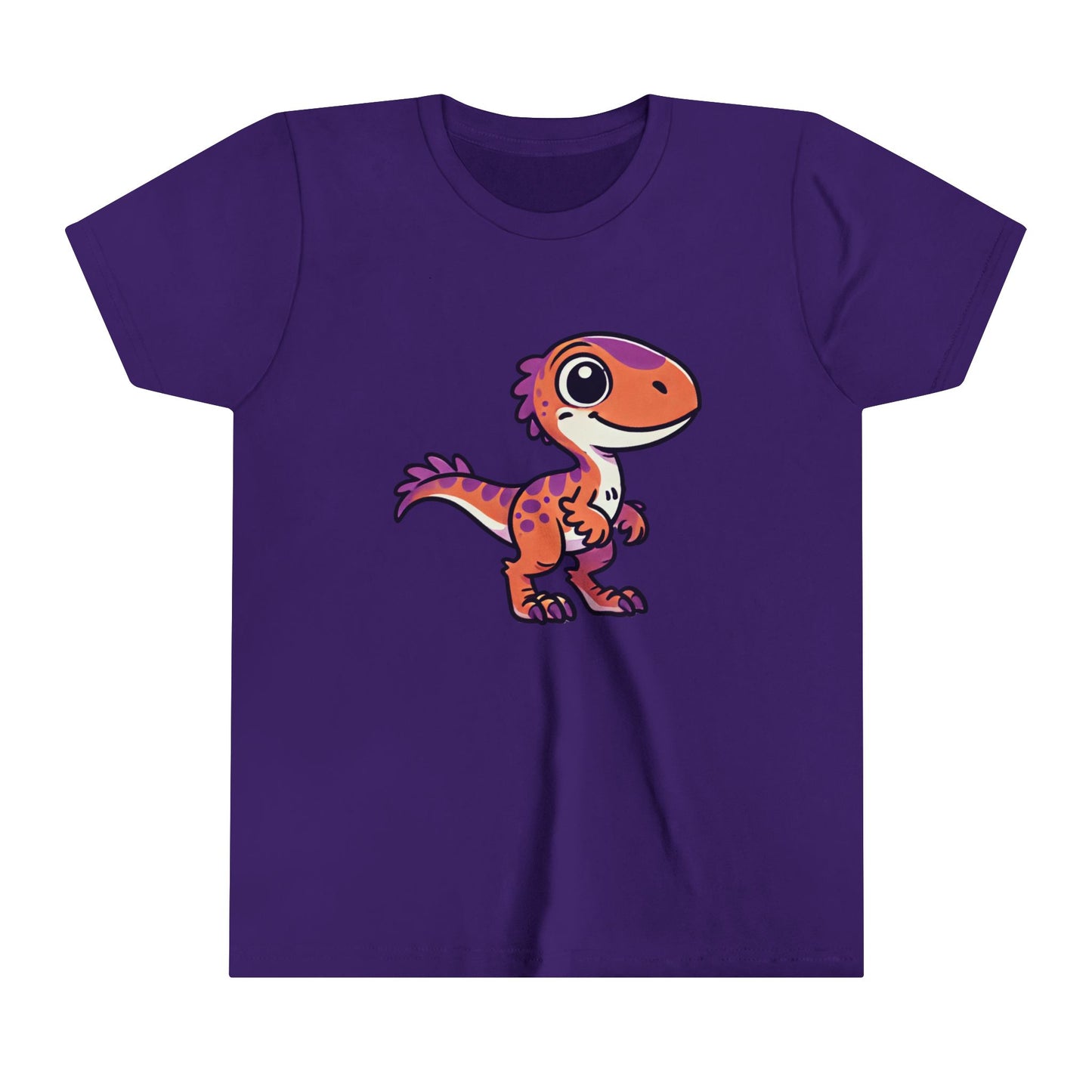 Youth Adorable Cartoon Velociraptor Tee – Cute Dino Fun for All Ages! 🦖💜🧡 - Unisex Jersey Short Sleeve Tee Super Comfy Dino T-Shirt Gift