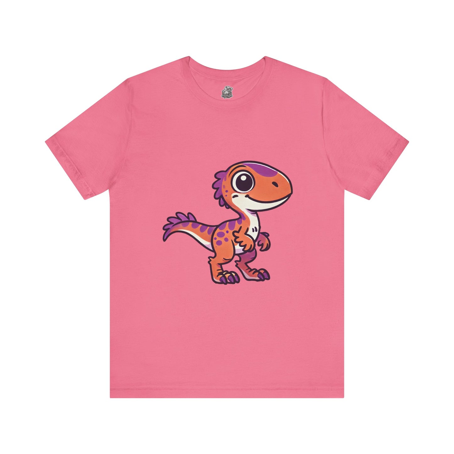 Adorable Cartoon Velociraptor Tee – Cute Dino Fun for All Ages! 🦖💜🧡 - Unisex Jersey Short Sleeve Tee Super Comfy Dino T-Shirt Gift