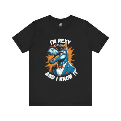 Suave Rex – I’m Rexy and I Know It Unisex T-Shirt with Stylish T-Rex in Shades & Suit