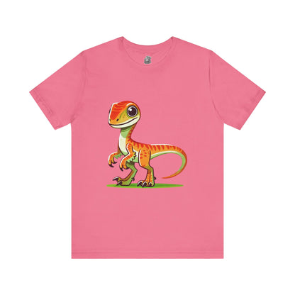 Bright & Bold Velociraptor Tee – Adorable Dino Fun in Orange & Green! 🦖🍊🌿 - Unisex Jersey Short Sleeve Tee Super Comfy Dino T-Shirt Gift