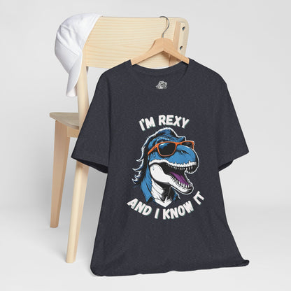 Rockstar Rex – I’m Rexy and I Know It Unisex T-Shirt with Cool T-Rex in Sunglasses & Hair