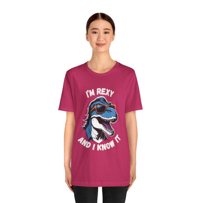 Rockstar Rex – I’m Rexy and I Know It Unisex T-Shirt with Cool T-Rex in Sunglasses & Hair