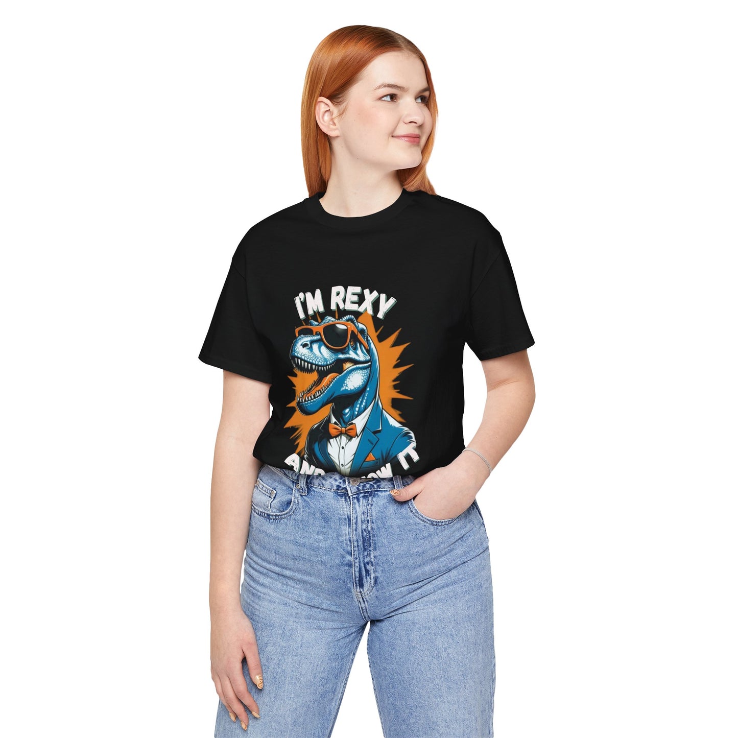 Suave Rex – I’m Rexy and I Know It Unisex T-Shirt with Stylish T-Rex in Shades & Suit