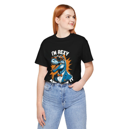 Suave Rex – I’m Rexy and I Know It Unisex T-Shirt with Stylish T-Rex in Shades & Suit