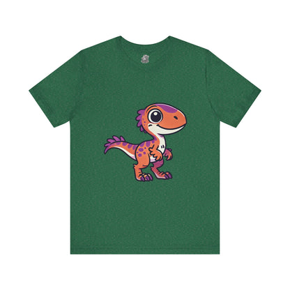 Adorable Cartoon Velociraptor Tee – Cute Dino Fun for All Ages! 🦖💜🧡 - Unisex Jersey Short Sleeve Tee Super Comfy Dino T-Shirt Gift