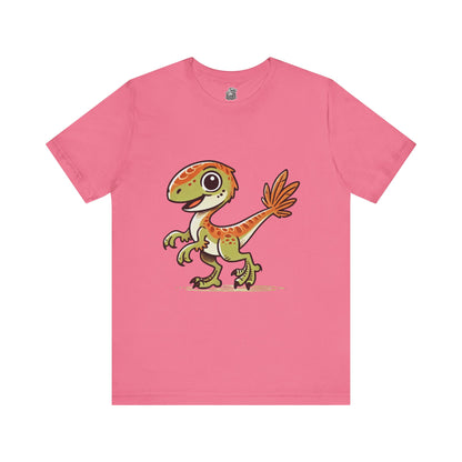 Playful Green Velociraptor Tee – Cute Dino Style with a Splash of Fun! 🦖🍂🌿 - Unisex Jersey Short Sleeve Tee Super Comfy Dino T-Shirt Gift